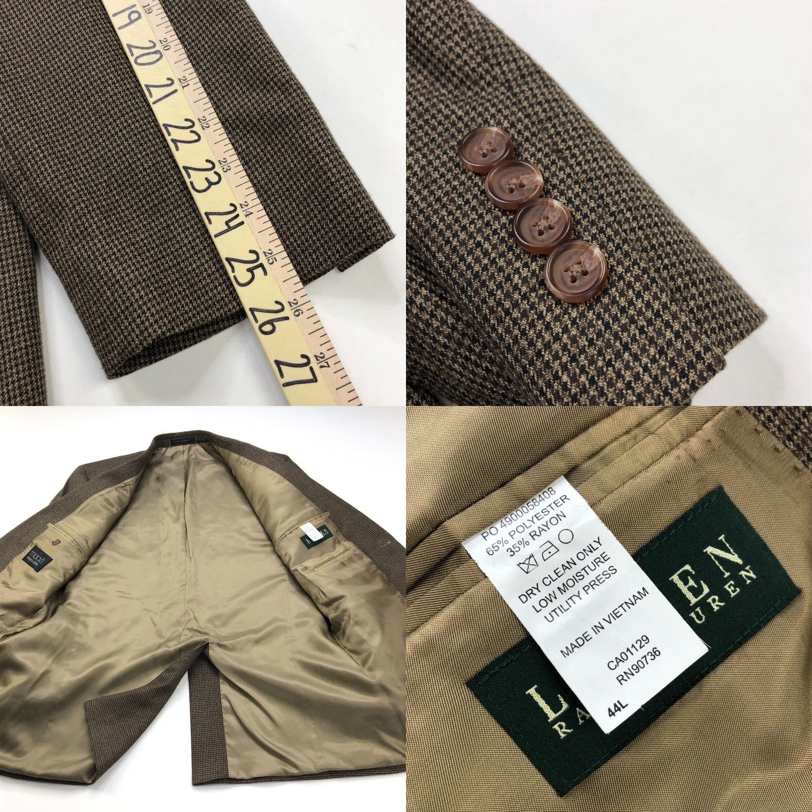 Ralph Lauren Lauren Ralph Lauren Green Label Sport Coat Jacket Houndstooth Polyester Men Regular 44L Brown Notch Lapel Four-Button Two-Button Front Size US S / EU 44-46 / 1 - 8 Thumbnail