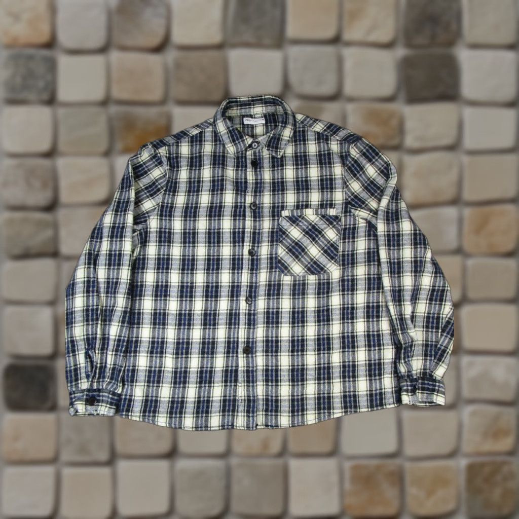 Zara Zara Flannel Shirt Mens XL Blue Ivory Cotton Pleated Button Up Size US XL / EU 56 / 4 - 1 Thumbnail