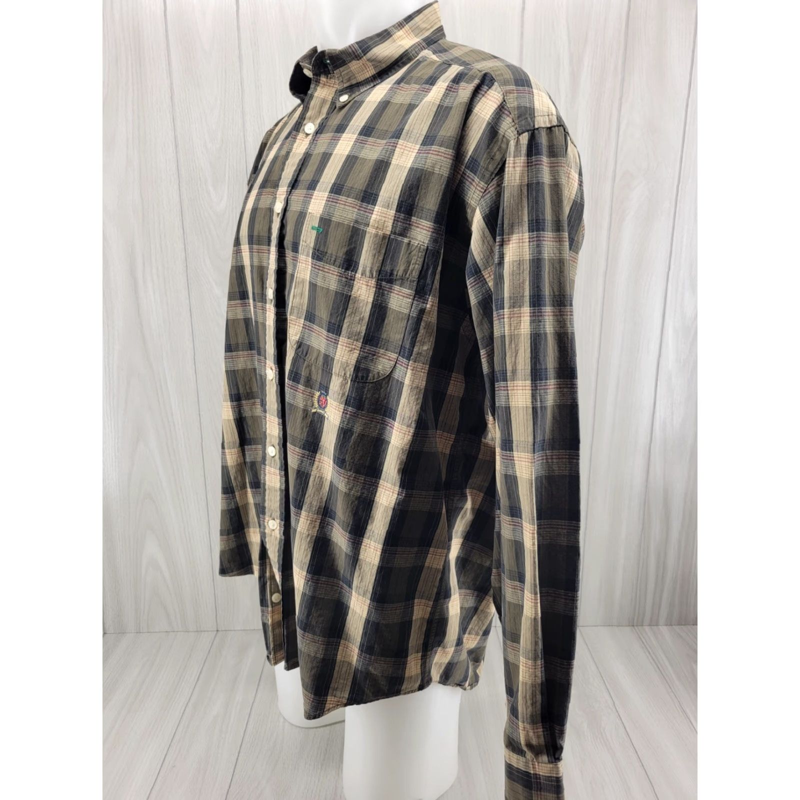 Tommy Hilfiger VINTAGE Tommy Hilfiger Plaid Button-Up Shirt XL 90s Crest Logo Cotton Tan Green Mens Shirt Size US XL / EU 56 / 4 - 2 Thumbnail