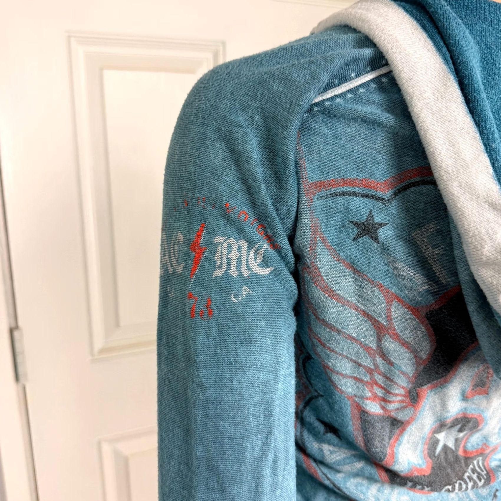 Affliction VINTAGE Affliction Womens Top S Cotton Knit Reversible Hoodie Hooded Bell Sleeve Y2K Blue White Logo Casual Size S / US 4 / IT 40 - 7 Thumbnail
