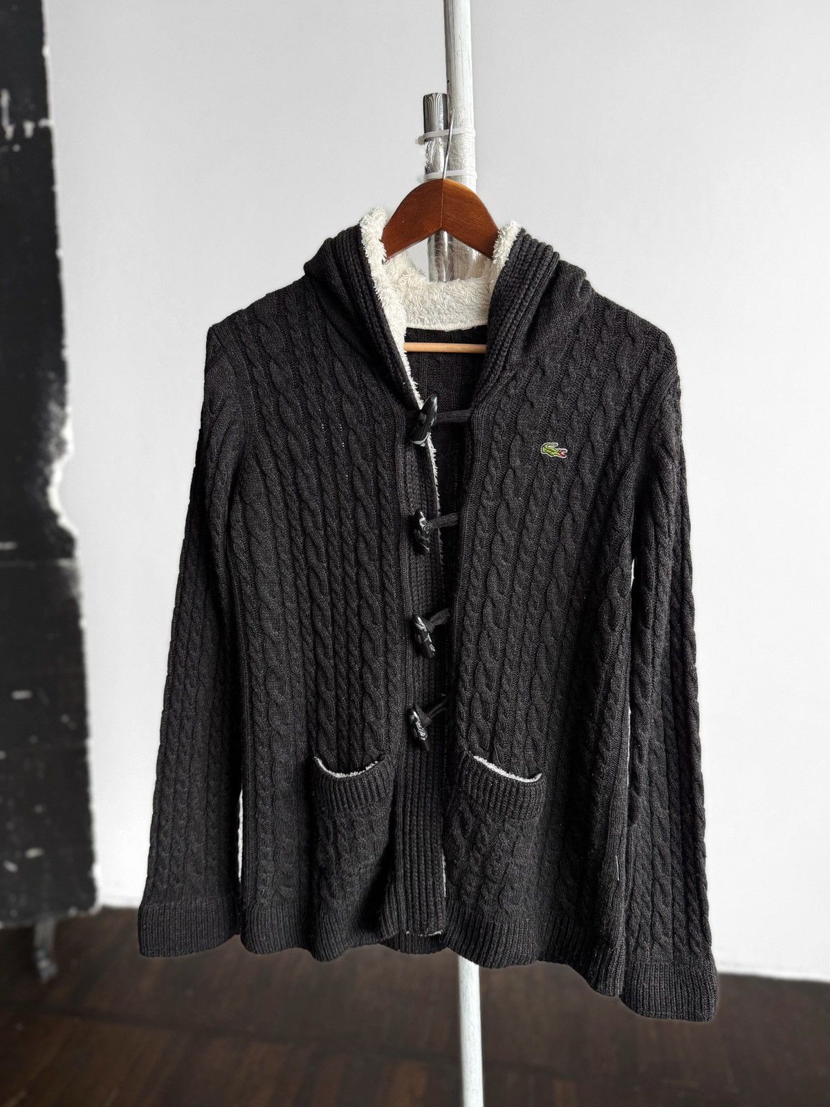 Lacoste Lacoste Vintage Womens Cable Knit Cardigan Hooded Black Size M / US 6-8 / IT 42-44 - 1 Thumbnail