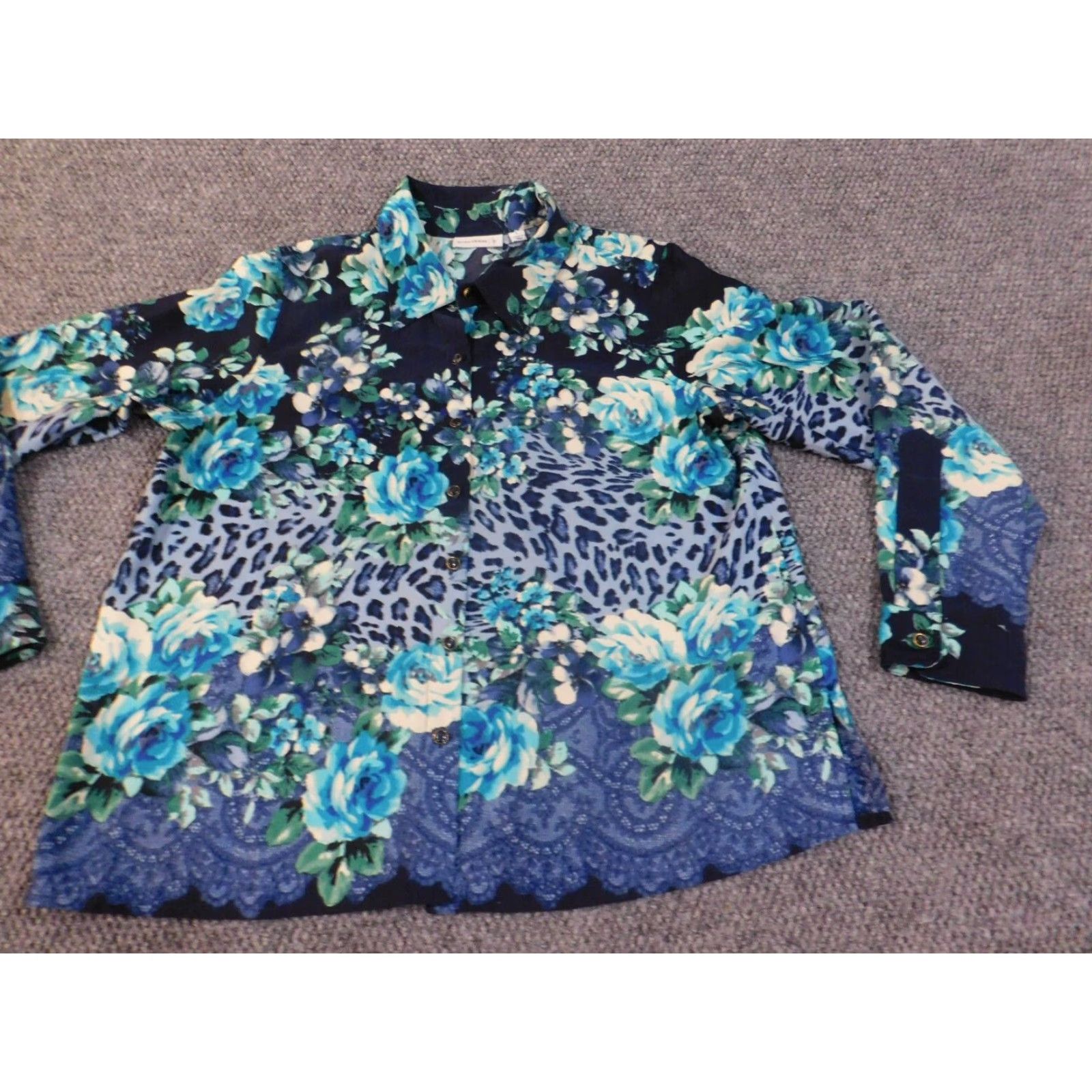 Vintage Susan Graver Button-Up Floral Blue Shirt Womens L Knit Polyester Casual Spring Summer Size L / US 10 / IT 46 - 3 Thumbnail