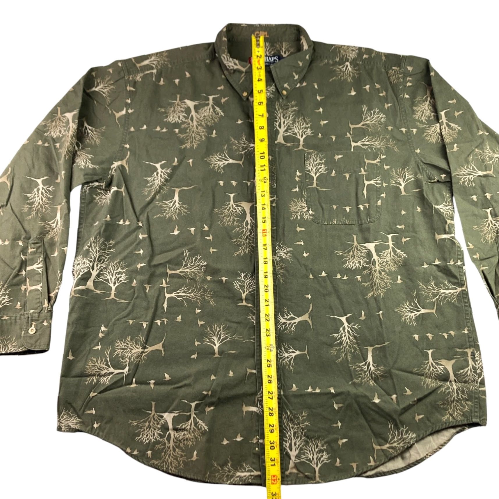 Chaps VINTAGE Chaps Ralph Lauren Button-Up Shirt Men 2XL 100% Cotton Long Sleeve Green Beige Trees Birdes Pattern/Collar Down Mens Size US XXL / EU 58 / 5 - 4 Thumbnail