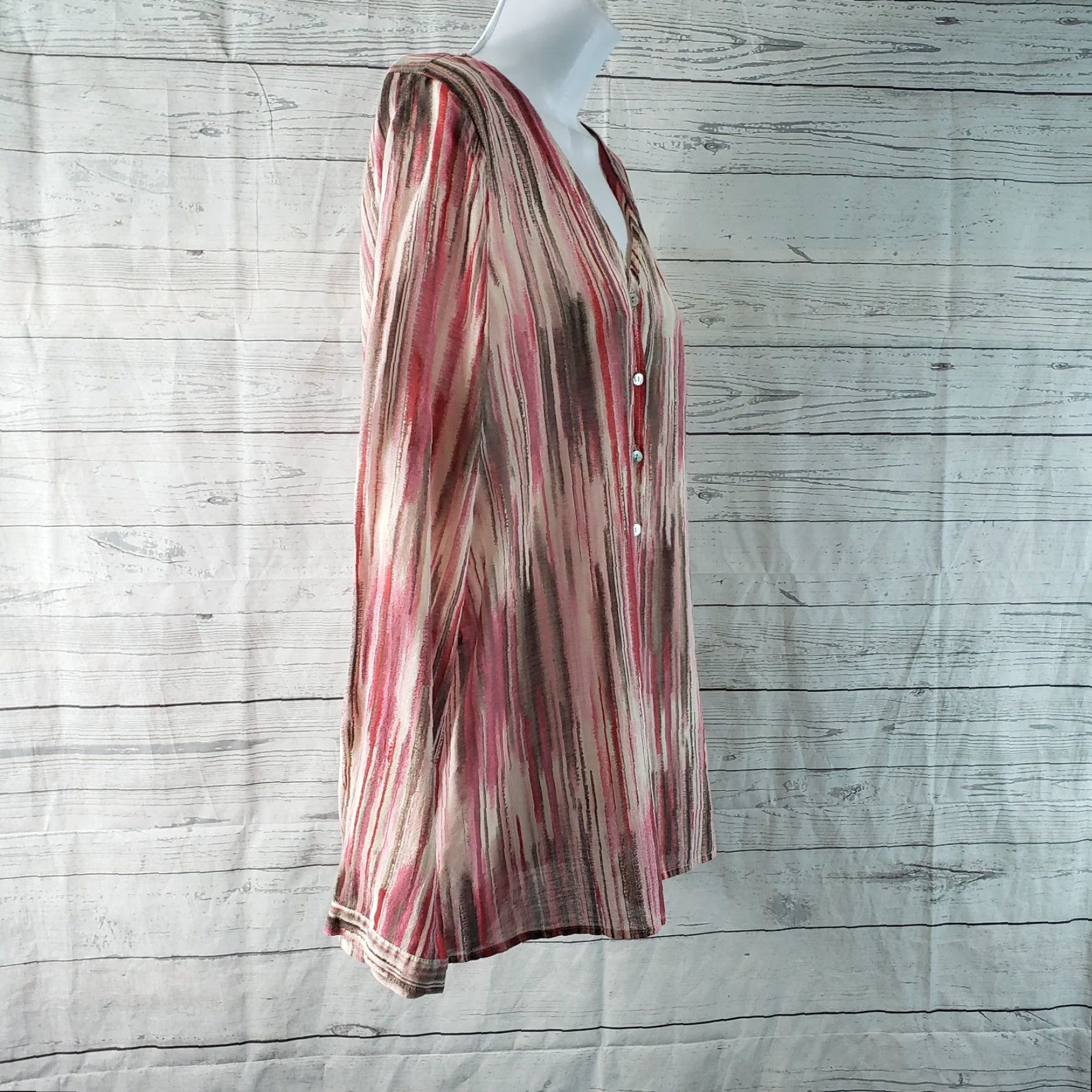 J. Jill J Jill Womens Button Front Shirt Large Pink Color Pink Gray Cotton Silk Blend Semi Sheer Button-Up Long Sleeve V-Neck Womens Shirt J Jill Size L / US 10 / IT 46 - 3 Thumbnail