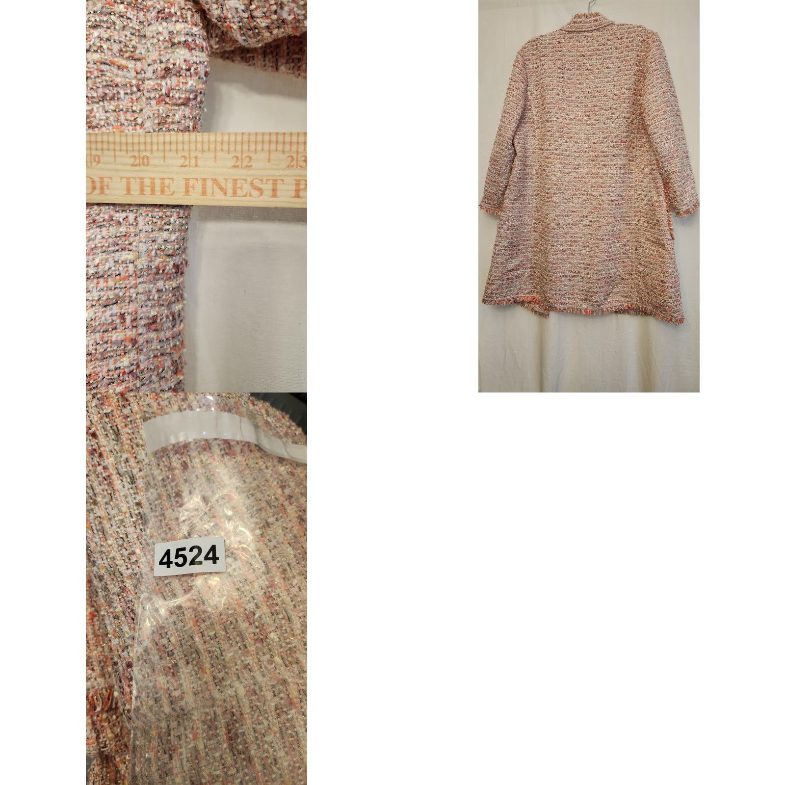 VINTAGE Neiman Marcus Jacket Womens Small Pink Orange Tweed Open Front Fringe Pockets