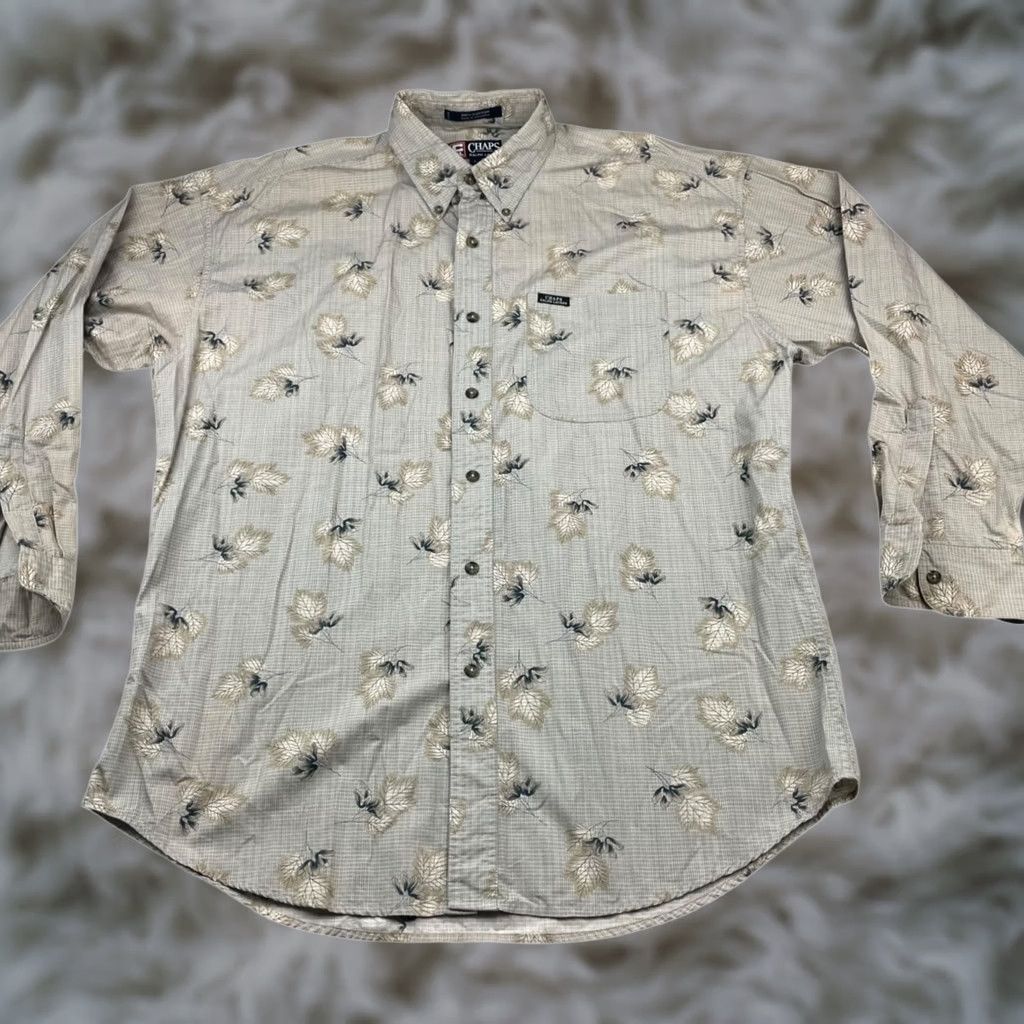 Chaps Chaps Ralph Lauren Shirt Button-Up Men’s 100% Cotton Beige/Gray Leaves Large Long Sleeve Button-Down Collar Mens Size US L / EU 52-54 / 3 - 1 Thumbnail