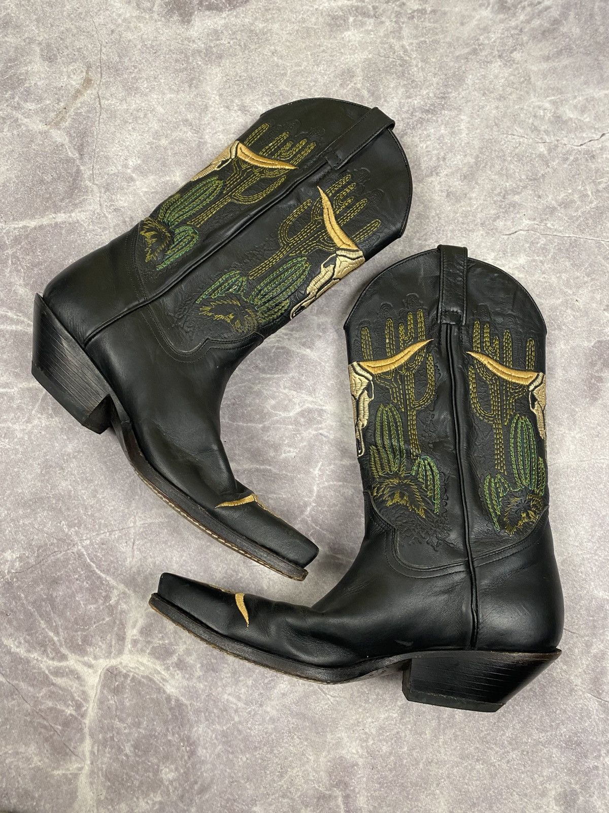 Tony Mora Western Cowboy Boots Embroidered Bull Skull Cacti
