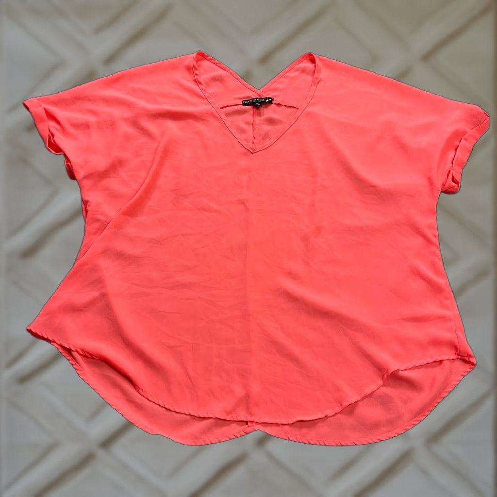 Vintage Living Doll Blouse Womens XL Orange Solid V-Neck Short Sleeve Chiffon Casual Top Size XL / US 12-14 / IT 48-50 - 1 Thumbnail