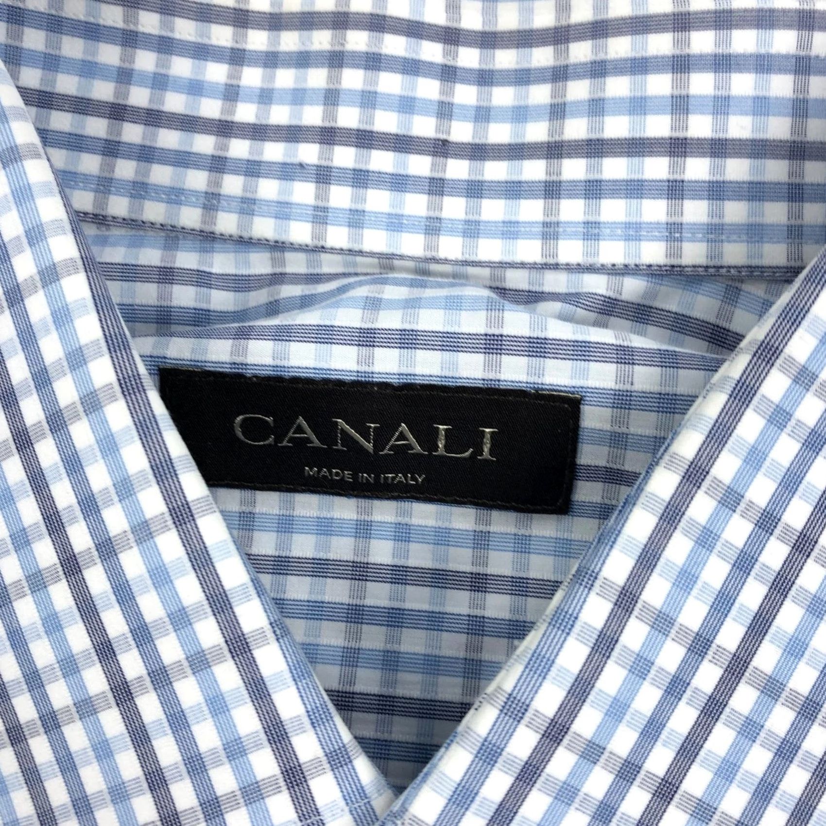 Canali Canali Dress Shirt 16 41 Blue Gray Gingham Long Sleeve Button Collar Men’s 100 Cotton Made in Italy Regular Fit Size 42R - 4 Thumbnail
