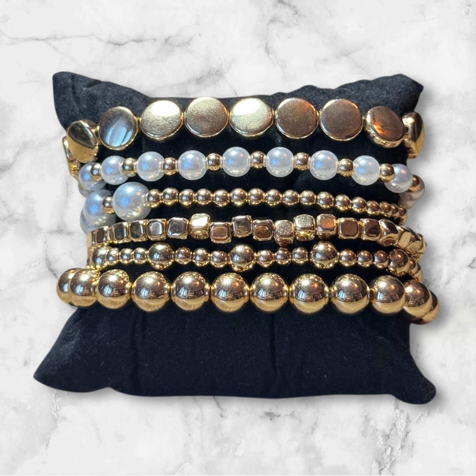 Other Gold & Pearl Beaded Multi Layer Elastic Bracelets 6 pcs Size ONE SIZE - 1 Thumbnail