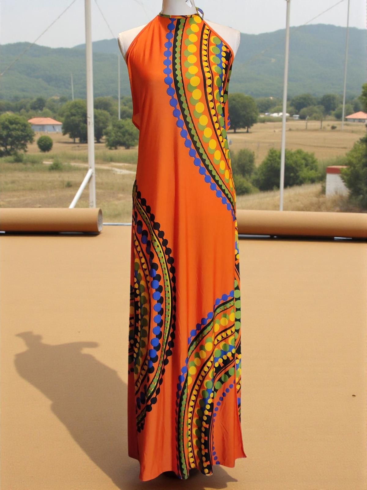 Venus Venus Medium Size Orange Maxi Dress with Colorful Pattern Size M / US 6-8 / IT 42-44 - 3 Thumbnail