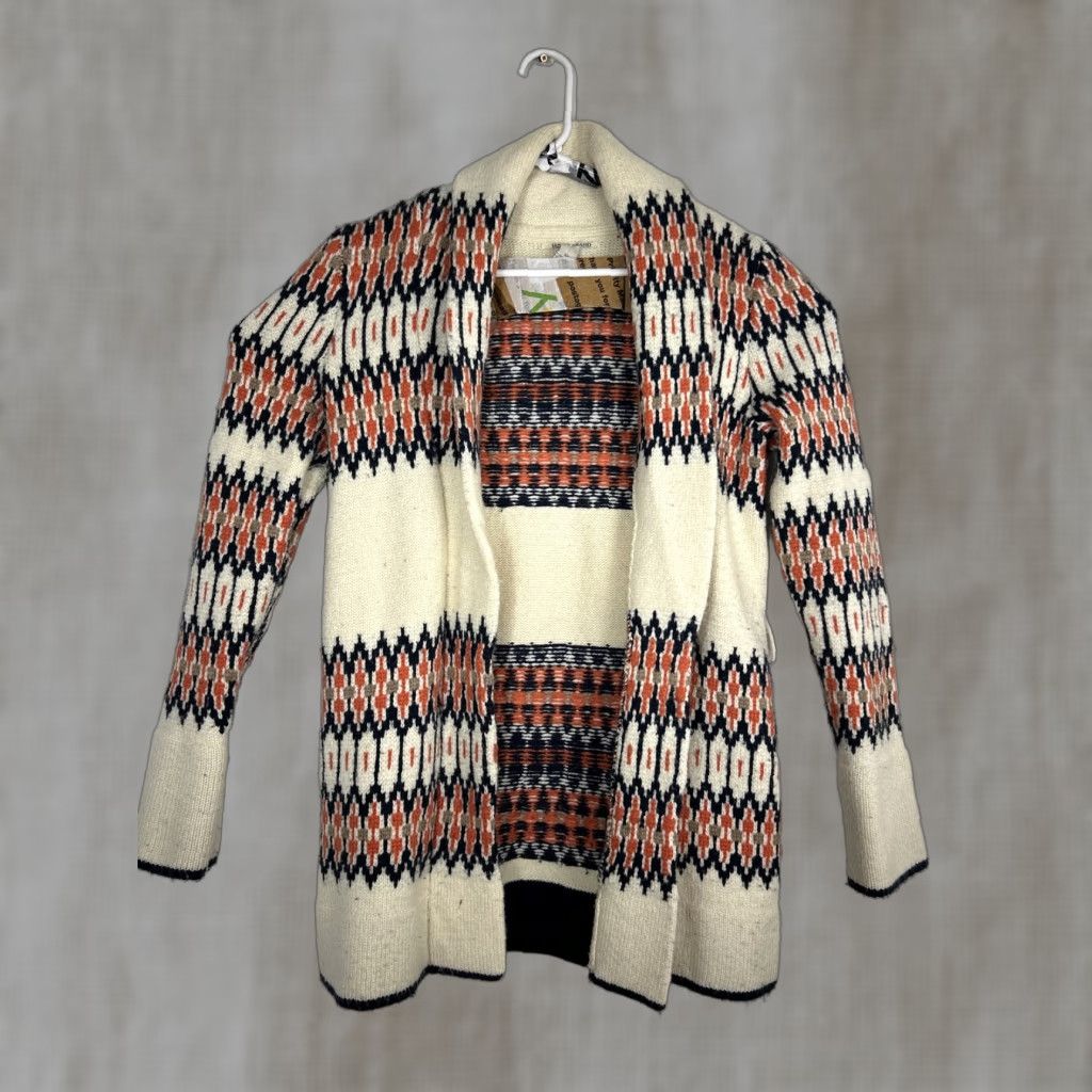 Lucky Brand VINTAGE Lucky Brand Cardigan Womens XS Wool Blend Belt Missing Belt Aztec Woodland Cream Blue Wool Blend Belted Cardigan Womens XS Blue Aztec Theme Size XS / US 0-2 / IT 36-38 - 1 Thumbnail