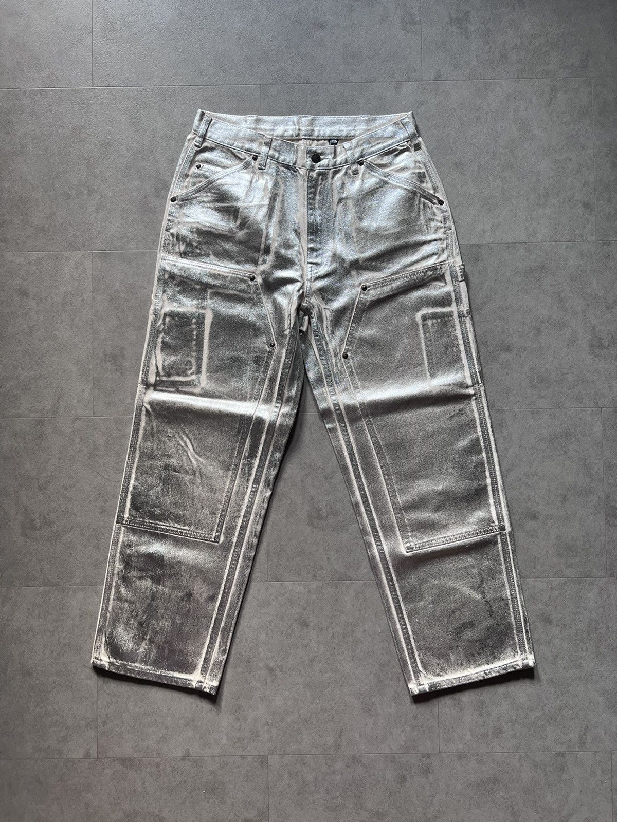 image of Mm6 Maison Margiela Foil Double Knee Painter Pants in Silver, Men's (Size 30)