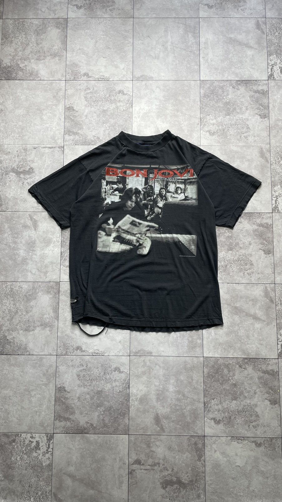 image of Band Tees x Rock T Shirt Vintage 1994 Bon Jovi Brockum All Over Print Logo Rock Tees in Black (Size