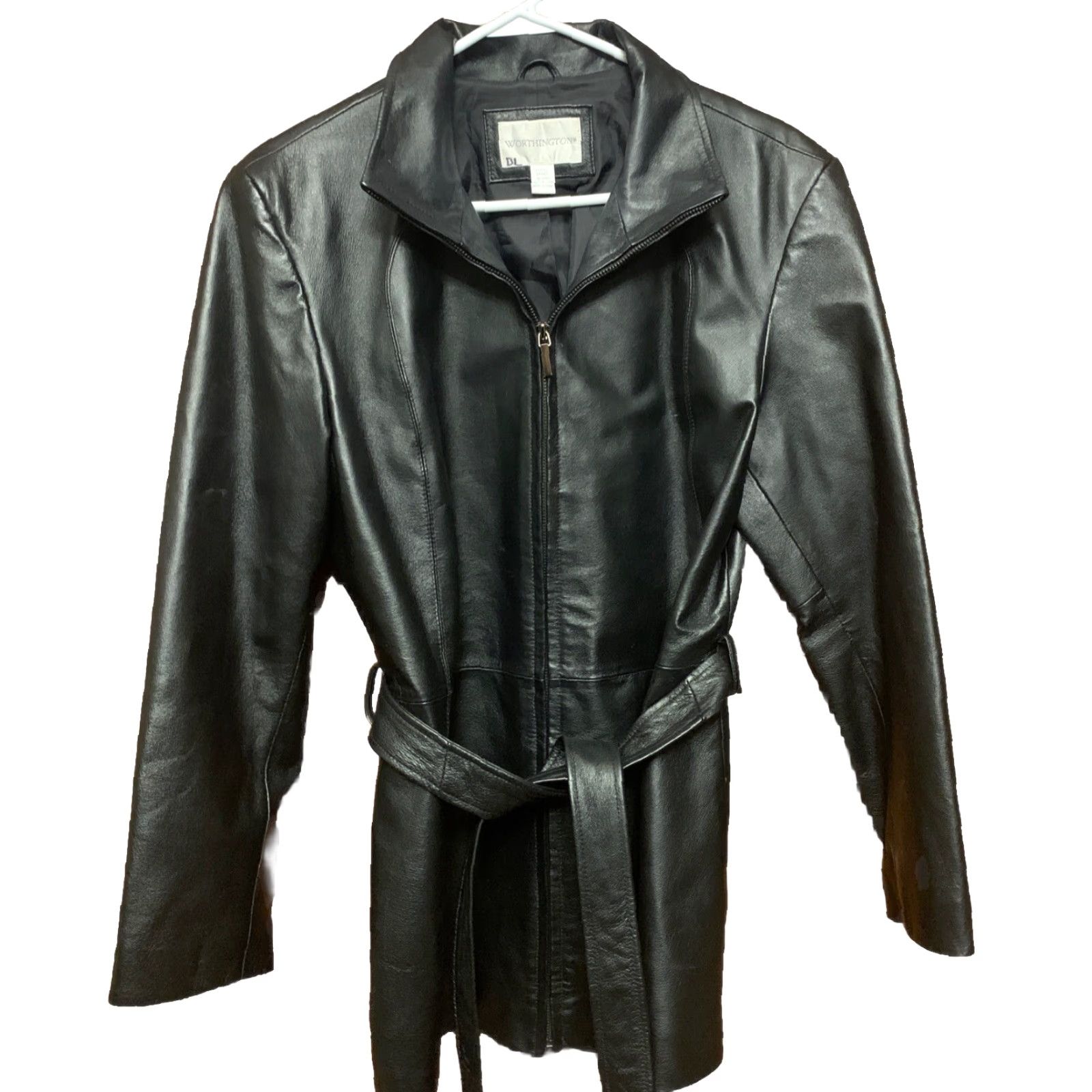 Worthington Worthington Women Large Black Leather Jacket Belted Full Zip Lined | Regular Size | 31" Length | Pockets | Fall Spring Winter | Couture Classic Style Size L / US 10 / IT 46 - 2 Thumbnail