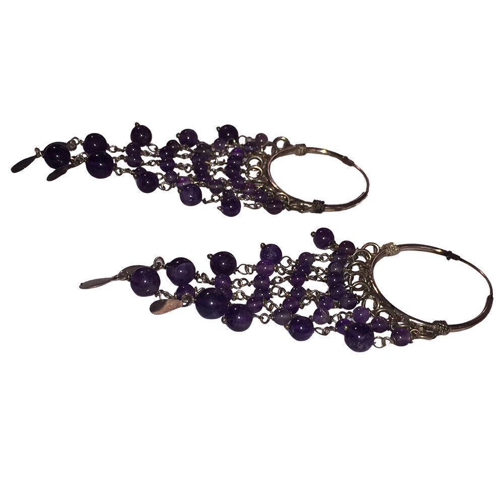 Handmade Sterling Silver Amethyst Bead Dangle Hoop Earrings Size ONE SIZE - 3 Thumbnail