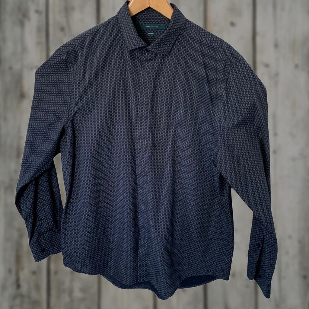 Perry Ellis Perry Ellis Shirt Mens XL Long Sleeve Blue Non Iron Button-Front Spread Collar Geometric Pattern Casual All Seasons Size US XL / EU 56 / 4 - 1 Thumbnail