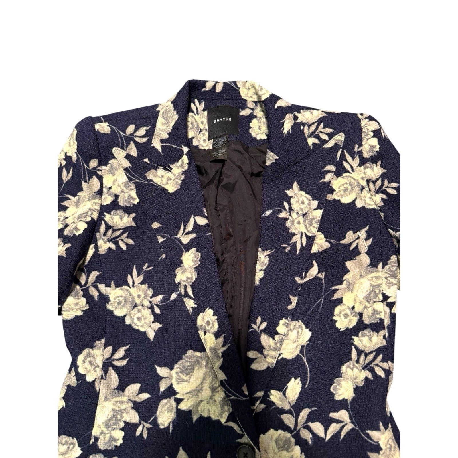 SMYTHE Smythe Blazer Women Floral Navy One-Button Size 4 Blue Tweed Linen Short Coat Jacket Business Casual Fall Spring Winter Canada Size S / US 4 / IT 40 - 5 Thumbnail