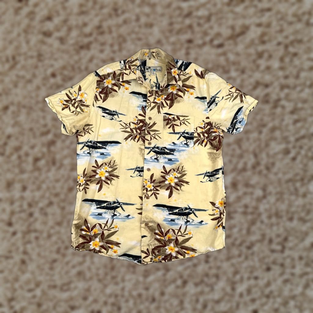 Olive VINTAGE Oliver & Burke Shirt Men M Yellow Floral Airplane Button Up Cotton Hawaiian Size US M / EU 48-50 / 2 - 1 Thumbnail