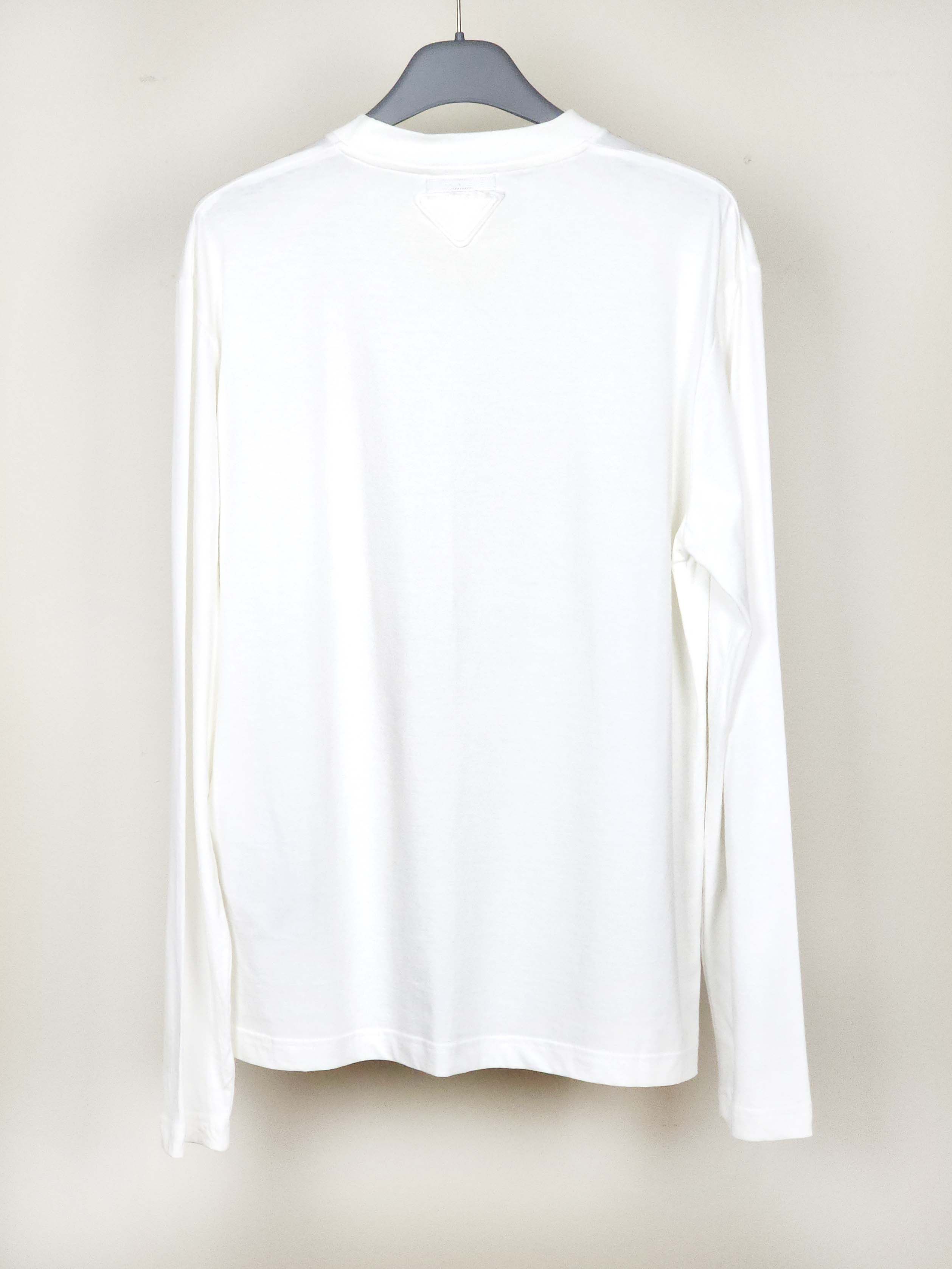 Prada White Long Sleeve Cotton Logo Patch Pocket T-Shirt Size L / US 10 / IT 46 - 2 Thumbnail