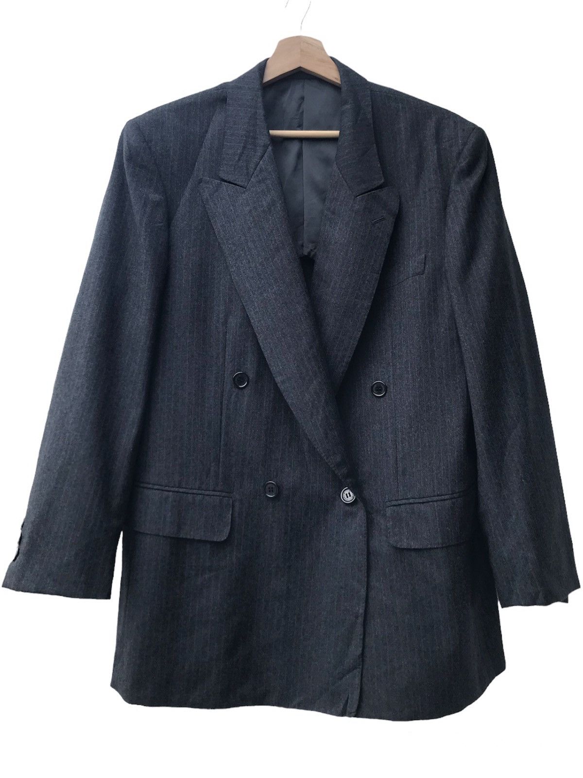 image of Cashmere Wool x Lanvin Double Breasted Grey Striped Wool Blazer, Men's (Size Medium)