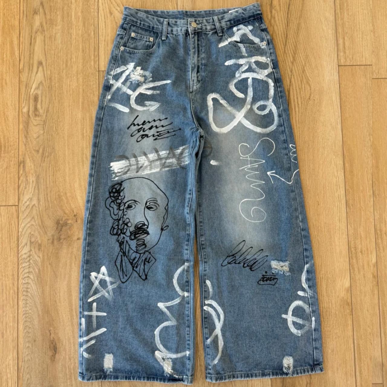 Light Blue Graffiti Print Baggy Jeans