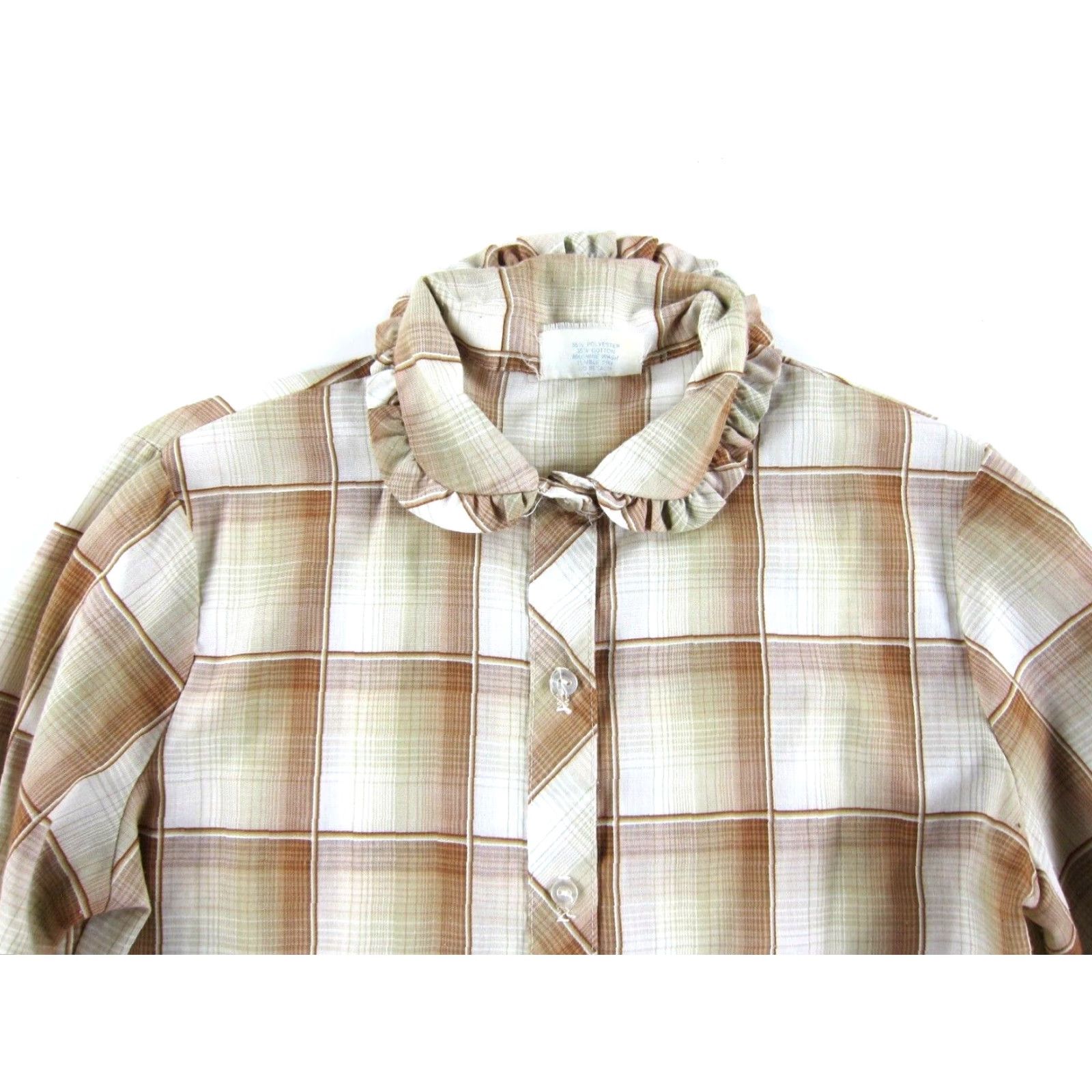 Vintage VINTAGE Shirt Accent Brown Ivory Plaid Ruffle Neck Long Sleeve Blouse Woman S Size S / US 4 / IT 40 - 4 Thumbnail