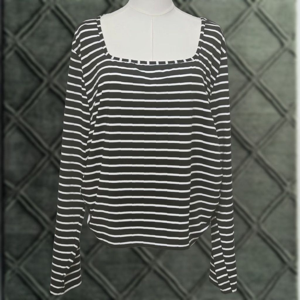 Vintage CURVZY Curvy Womens 5XL Plus Size Top Black White Striped Ruched Stretch Long Sleeve Blouse Shirt Square Neck Size XXL / US 16-18 / IT 52-54 - 1 Thumbnail