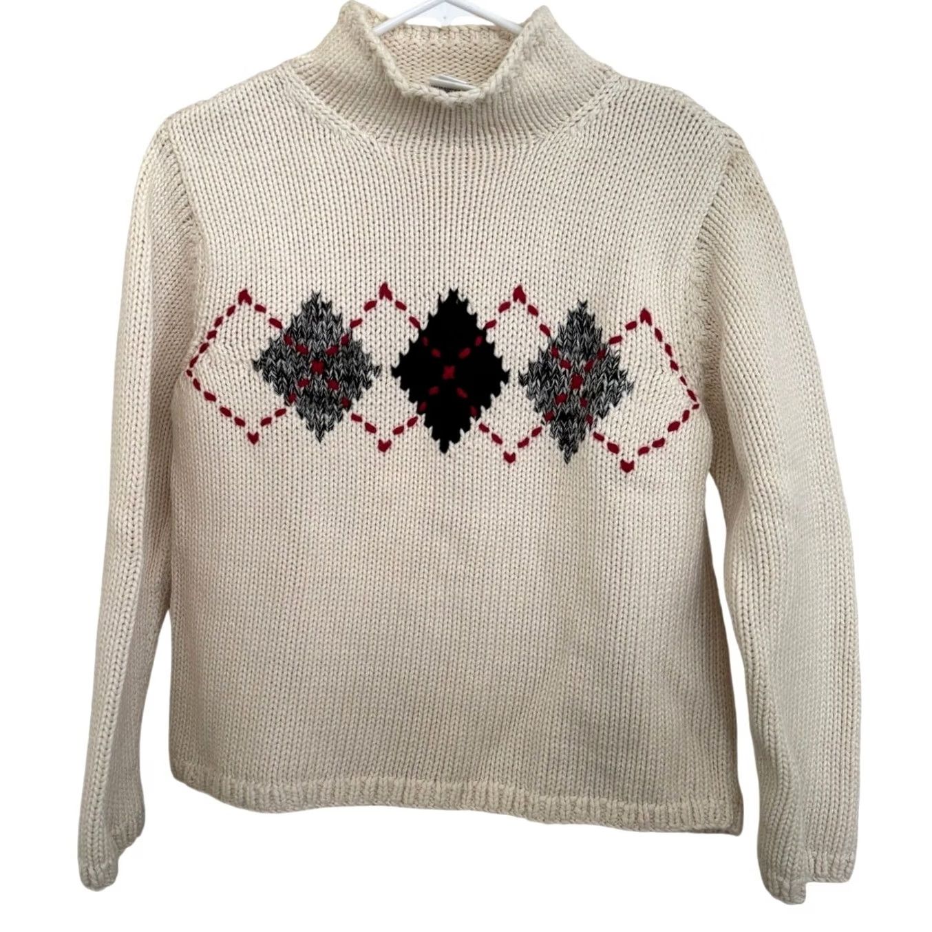 Talbots VINTAGE Talbots Sweater Diamond Argyle Mock Neck Pullover Boxy Hand Knit Beige Medium Petite Womens M Size M / US 6-8 / IT 42-44 - 2 Thumbnail
