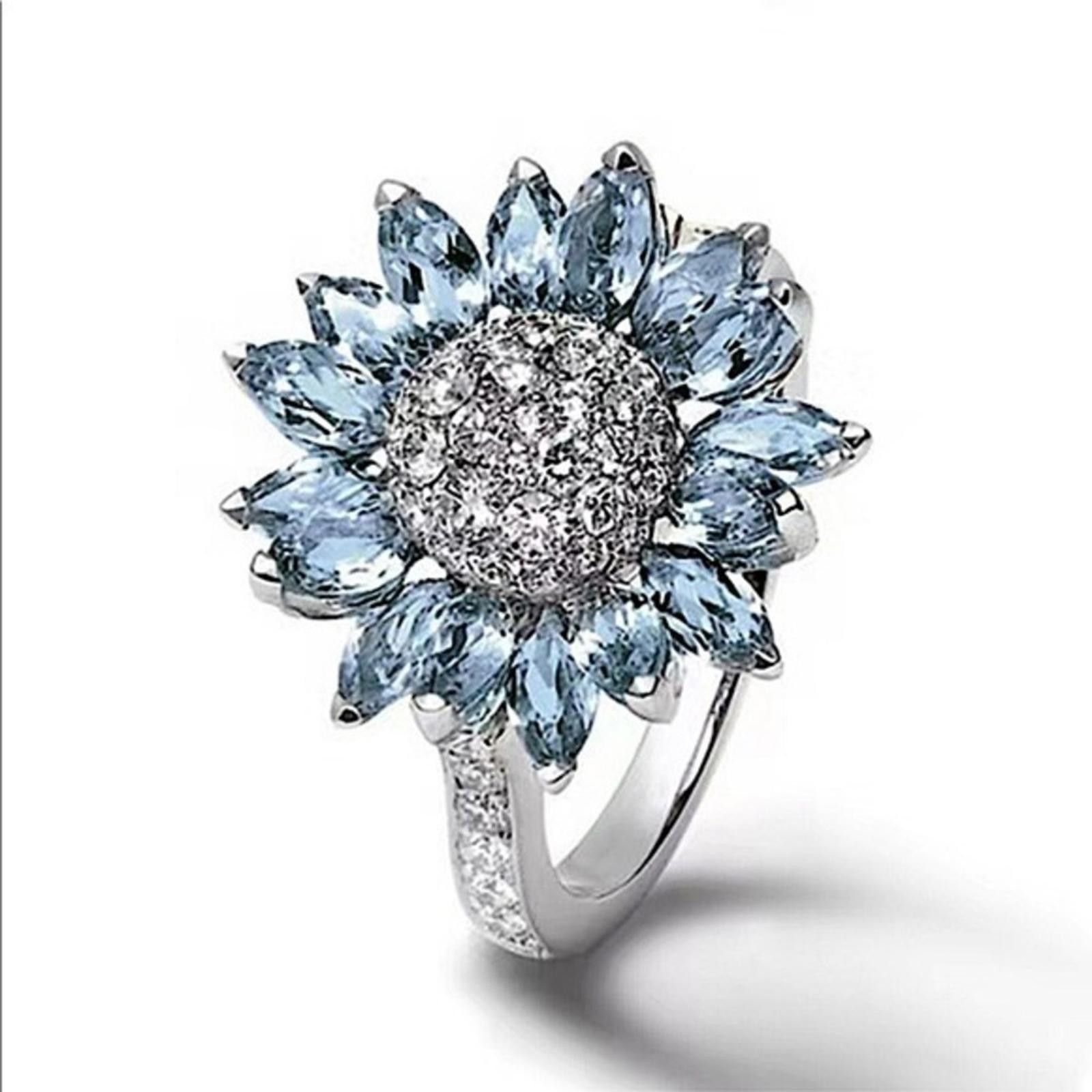 Designer Blue Zircon Crystal Sunflower Diamond Ring Size 5-10 NWT Size ONE SIZE - 1 Thumbnail