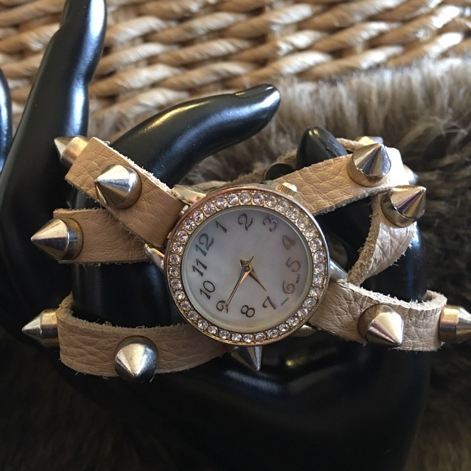 Ladies Genuine Tan Leather Spike Stud Wrap Watch in Brown, Women's