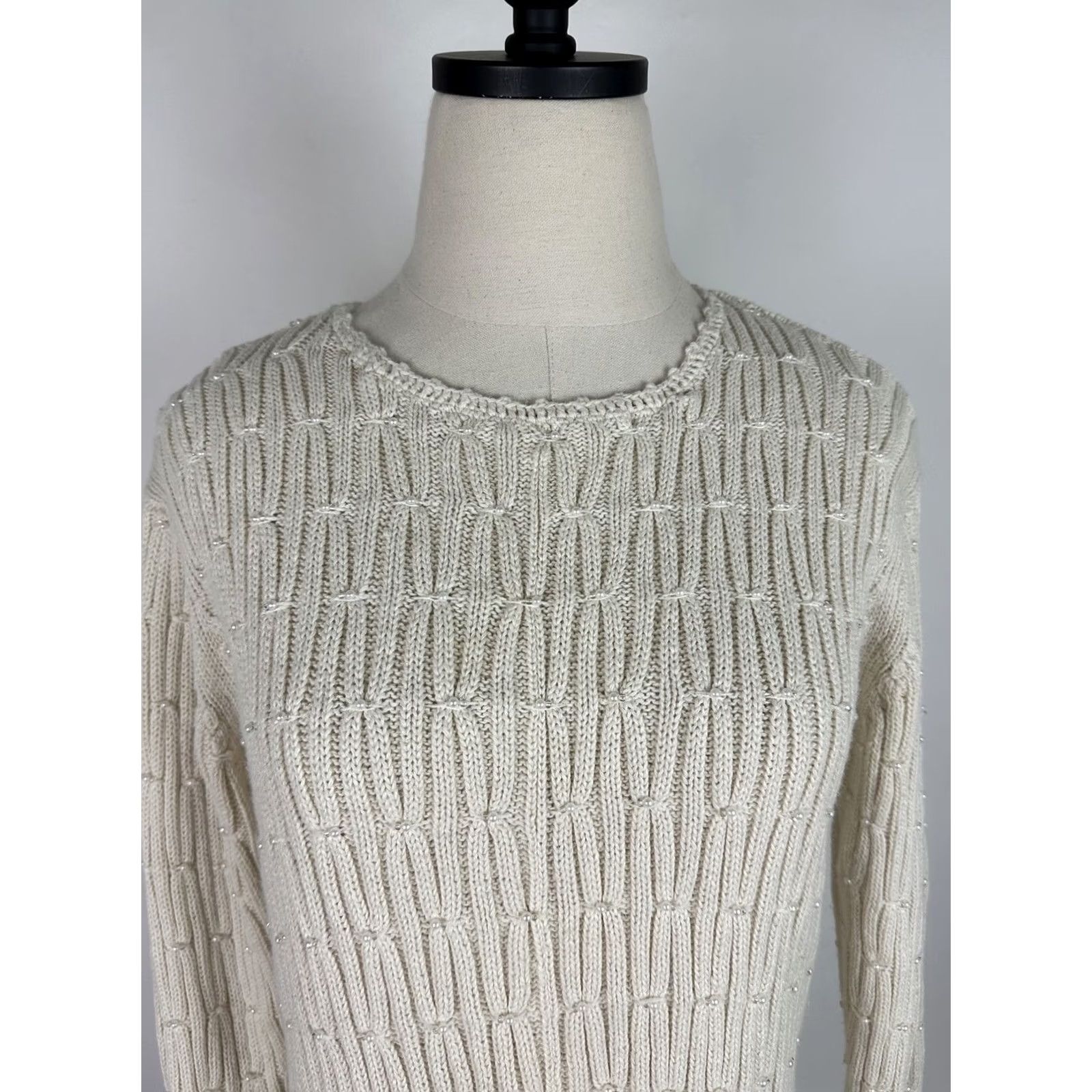 Vintage VINTAGE Capacity Ivory Cotton Beaded Pullover Sweater Womens Small 90s Bohemian Retro Knit - Womens Size S / US 4 / IT 40 - 3 Thumbnail