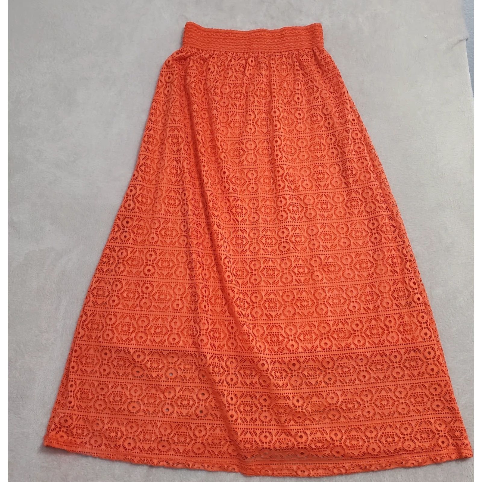 Vintage VINTAGE Me 2 Magic Maxi Skirt Women M Orange Eyelet Lace Overlay Elastic Waist Boho Size 32" / US 10 / IT 46 - 2 Thumbnail