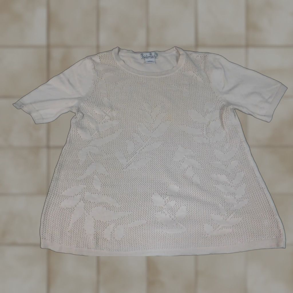 Vintage Nouveaux Womens Sweater L Beige Floral Knit Crew Neck Pullover Short Sleeve Cotton Lightweight Stretch Regular Womens Size L Size L / US 10 / IT 46 - 1 Thumbnail