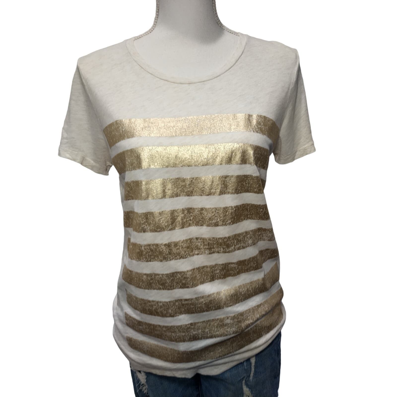 J.Crew J. Crew Womens Short Sleeve T-Shirt Gold Striped Tee White Size M / US 6-8 / IT 42-44 - 1 Thumbnail