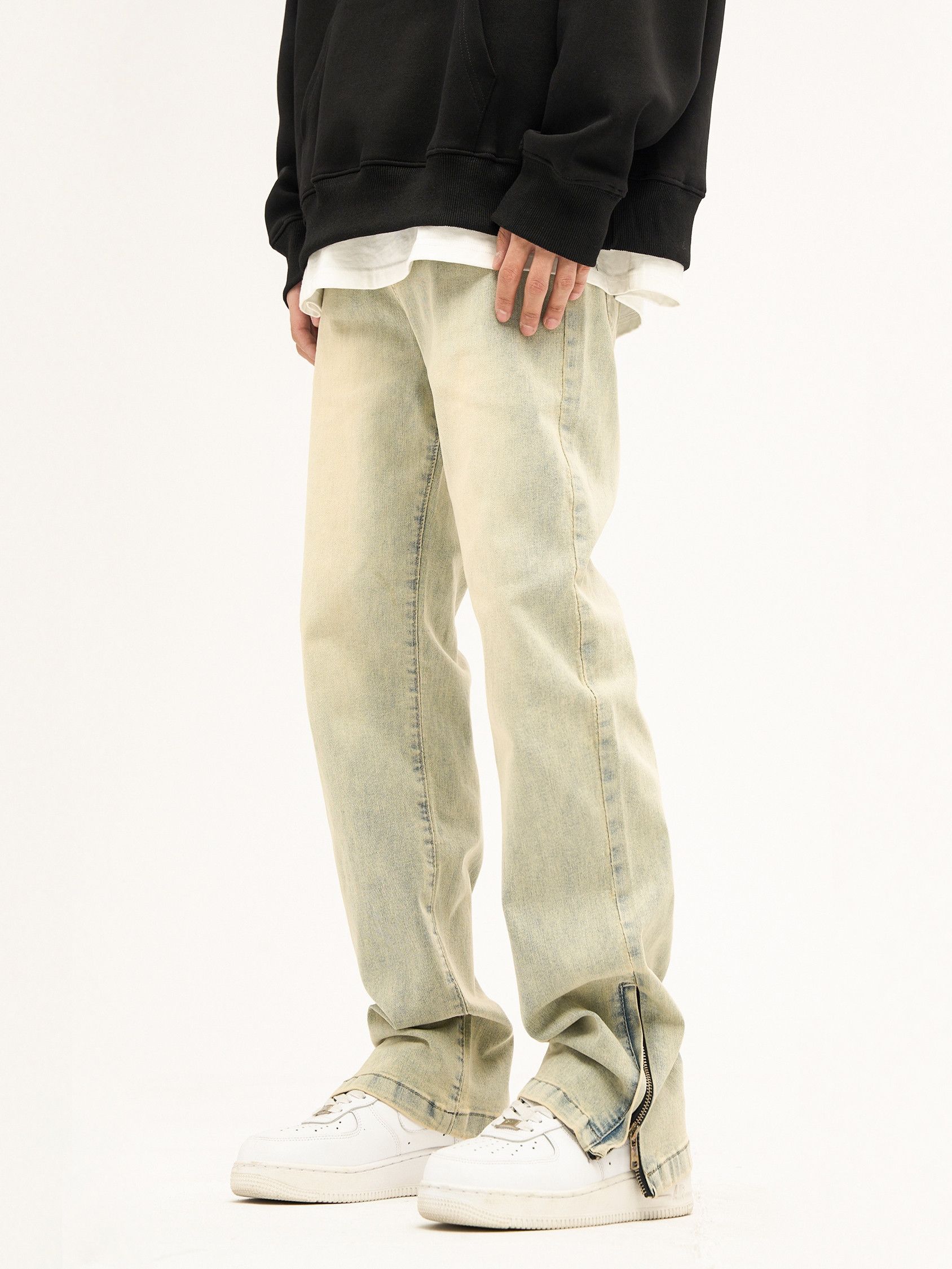image of Side Zipper Straight Leg Casual Jeans in Yellow, Men's (Size 30)