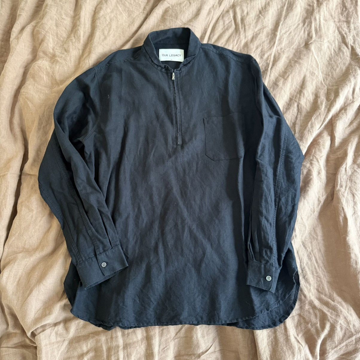 Shawl Zip Shirt Black Linen 52