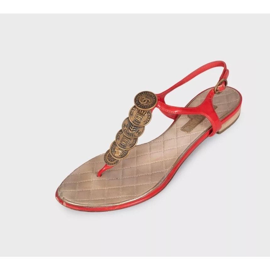 Chanel Chanel Red Leather Block Heel Open Toe Sandals Size 38 Size US 7 / IT 37 - 3 Thumbnail