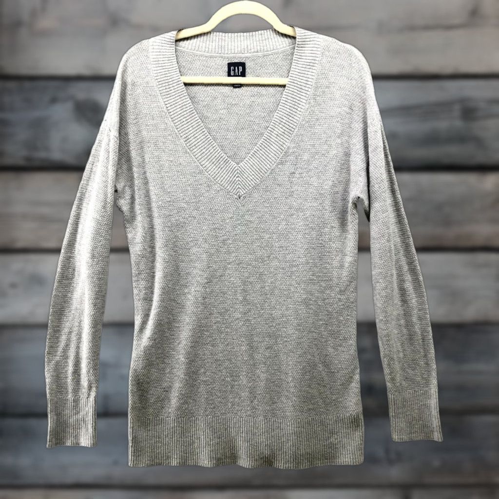 Gap VINTAGE? No. Gap Merino Wool Blend Sweater Womens S Gray V-Neck Tunic Relaxed Textured Size S / US 4 / IT 40 - 1 Thumbnail