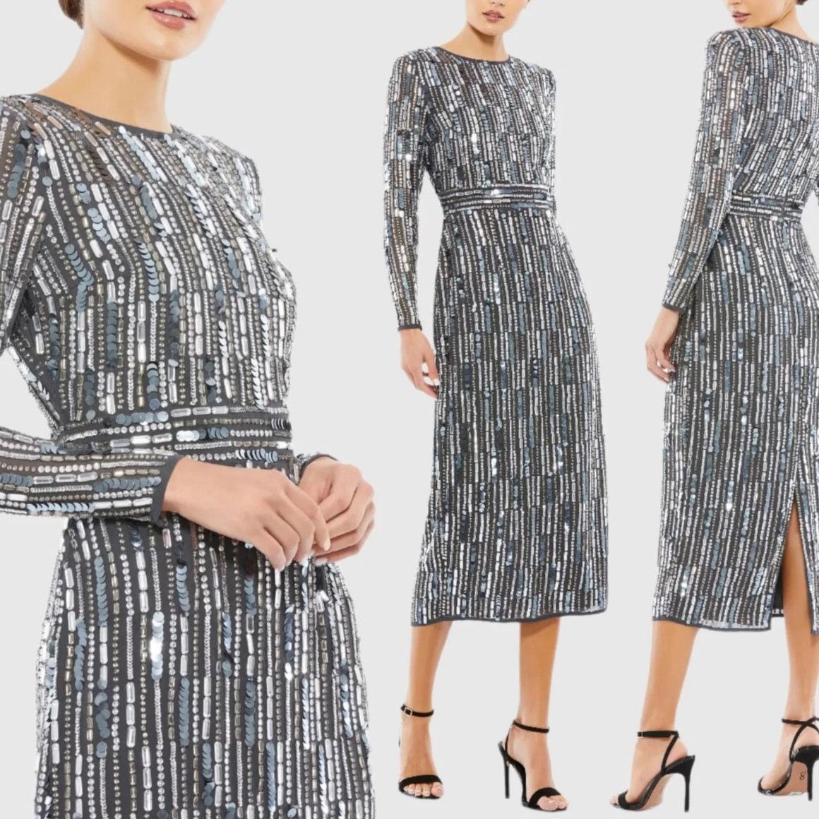 MACH & MACH Mac Duggal Embellished High Neck Long Sleeve Dress Charcoa 4 Size S / US 4 / IT 40 - 1 Thumbnail