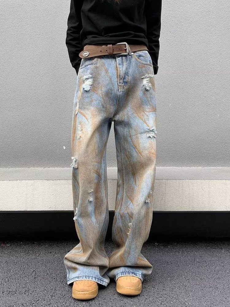 image of Paint Splatter Distressed Baggy Denim Jeans in Blue, Men's (Size 30)