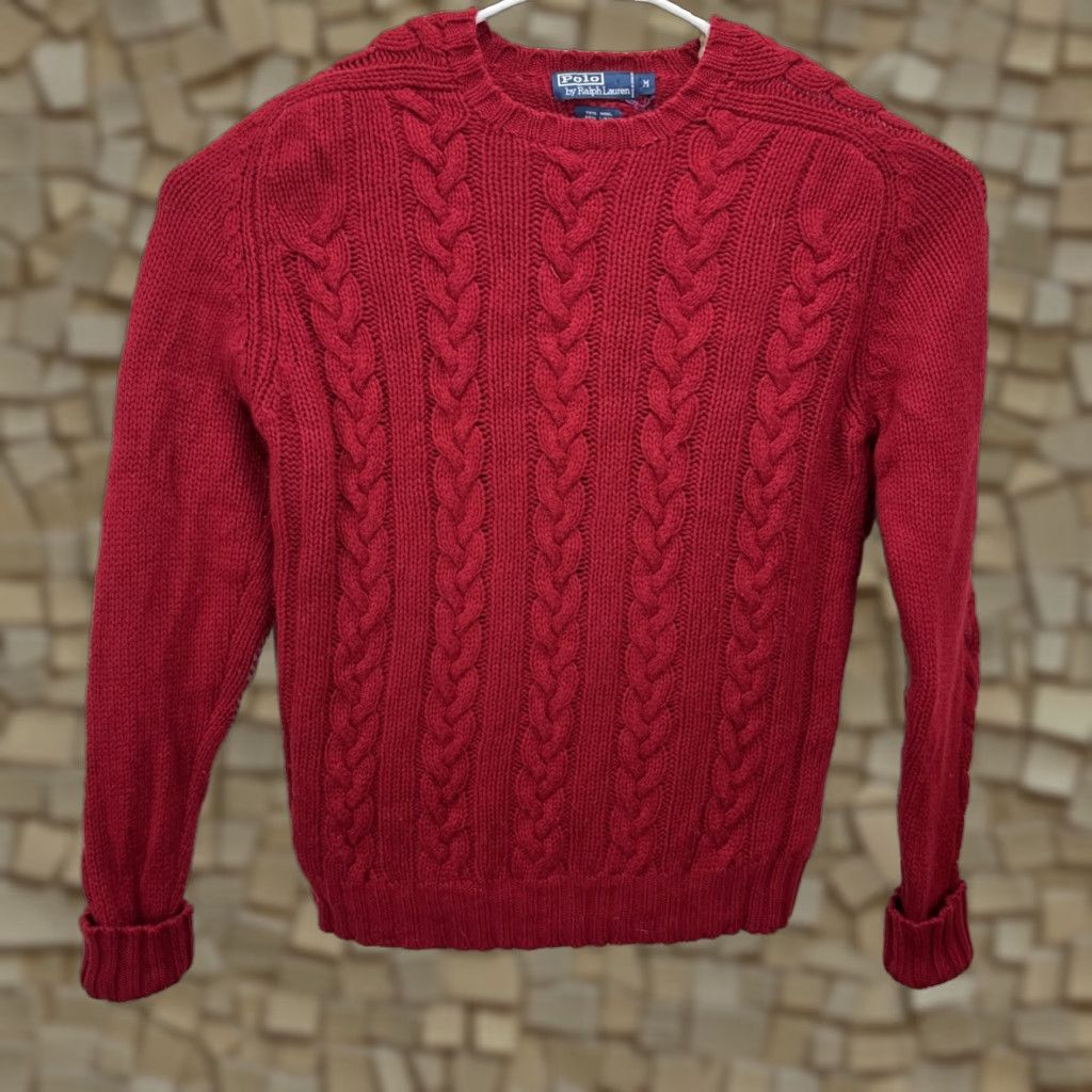 Ralph Lauren VINTAGE Polo Ralph Lauren Cable Knit Suede Elbow Patch Sweater M Red Men's Pullover 90s Preppy London Style Size US M / EU 48-50 / 2 - 1 Thumbnail