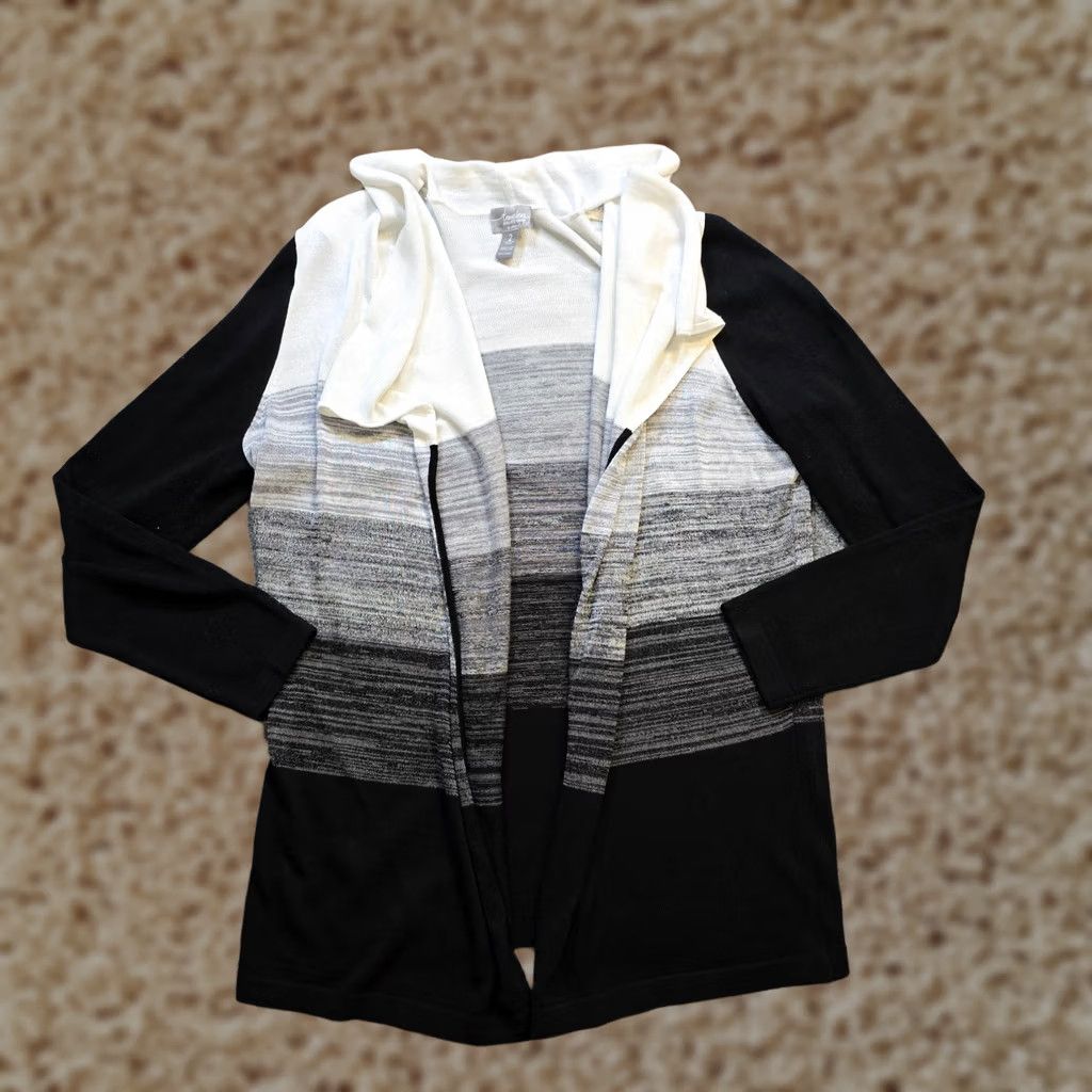 Vintage Chicos Cardigan Cardigan Top Womens L Black White Stripe Open Casual Neutral Knit Linen Knit Open Front Long Sleeve Size L / US 10 / IT 46 - 1 Thumbnail