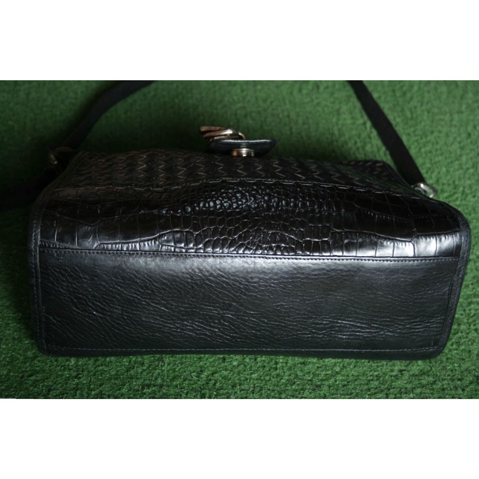 Brighton VINTAGE Brighton Shoulder Bag Black Leather Croc Embossed Plaid Lined Small Purse Size ONE SIZE - 7 Thumbnail