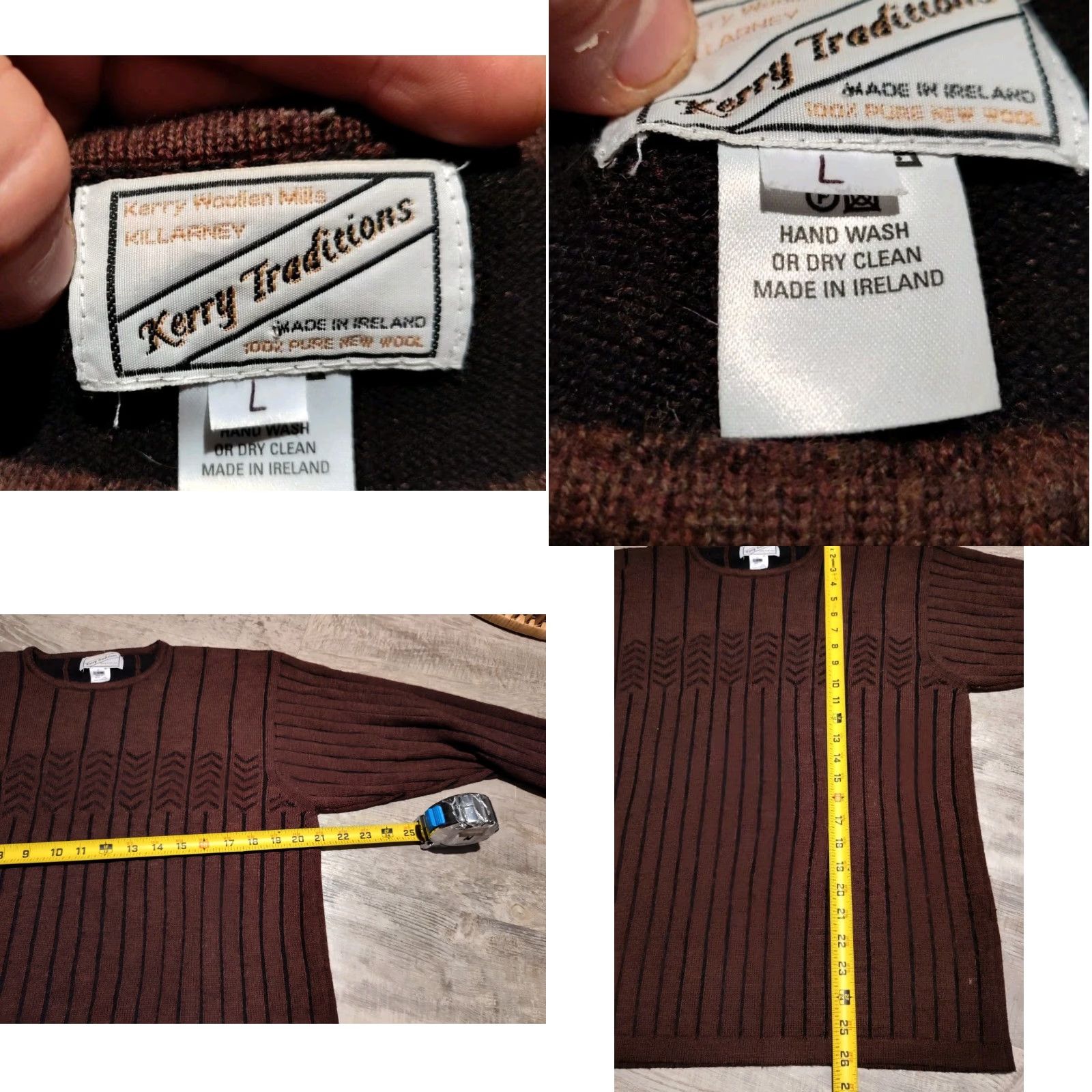 MILLY VINTAGE Kerry Traditions Ireland Mens Sweater Pullover 100% New Wool Brown Crew Neck Casual Winter Fall Spring 80s 90s Size US L / EU 52-54 / 3 - 8 Thumbnail