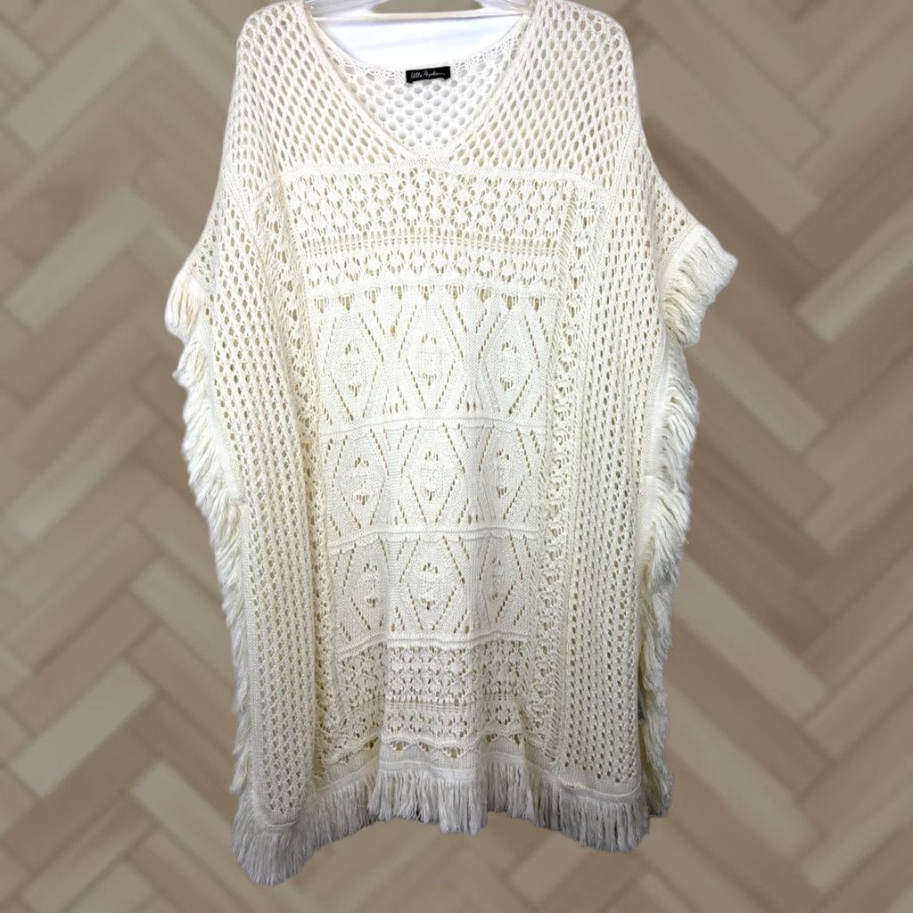 Vintage Ulla Popken Sweater Women 2X Ivory Tunic Plus Open Knit Fringe Boho Poncho Cottage Core Size XXL / US 16-18 / IT 52-54 - 1 Thumbnail