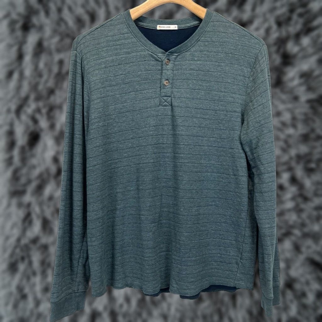 Marine Layer Marine Layer Henley Shirt Mens Medium Green Long Sleeve Striped Pullover Button-Up Size US M / EU 48-50 / 2 - 1 Thumbnail