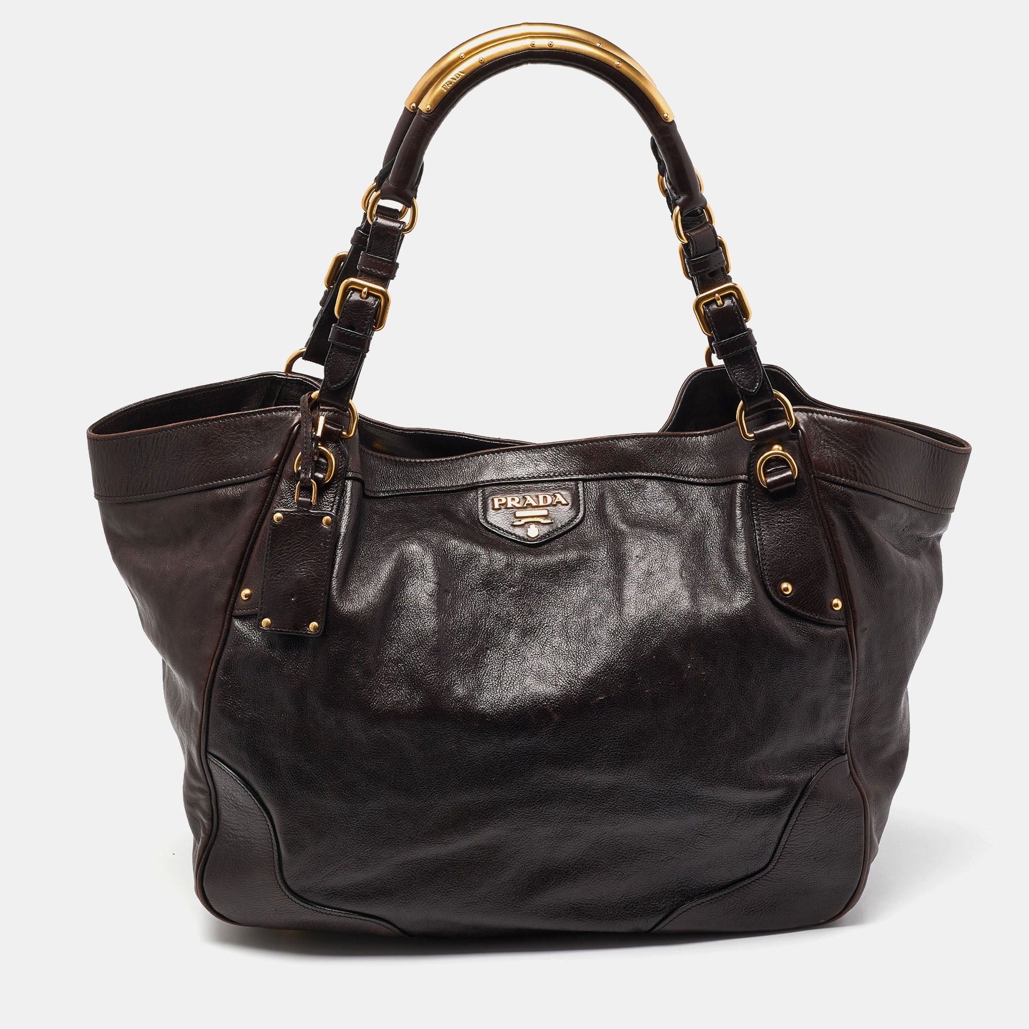 image of Prada Brown Glace Leather Tote, Women's