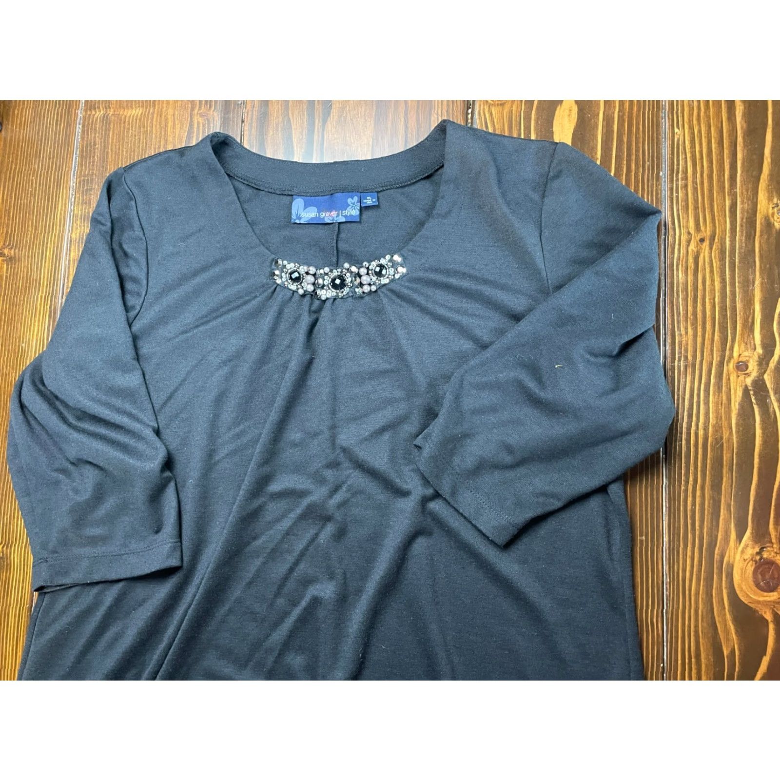Vintage Susan Graver Dress Women's XL Black Jeweled Knee Length Shirt Dress Short Sleeve Round Neck Mens? Size XL / US 12-14 / IT 48-50 - 3 Thumbnail