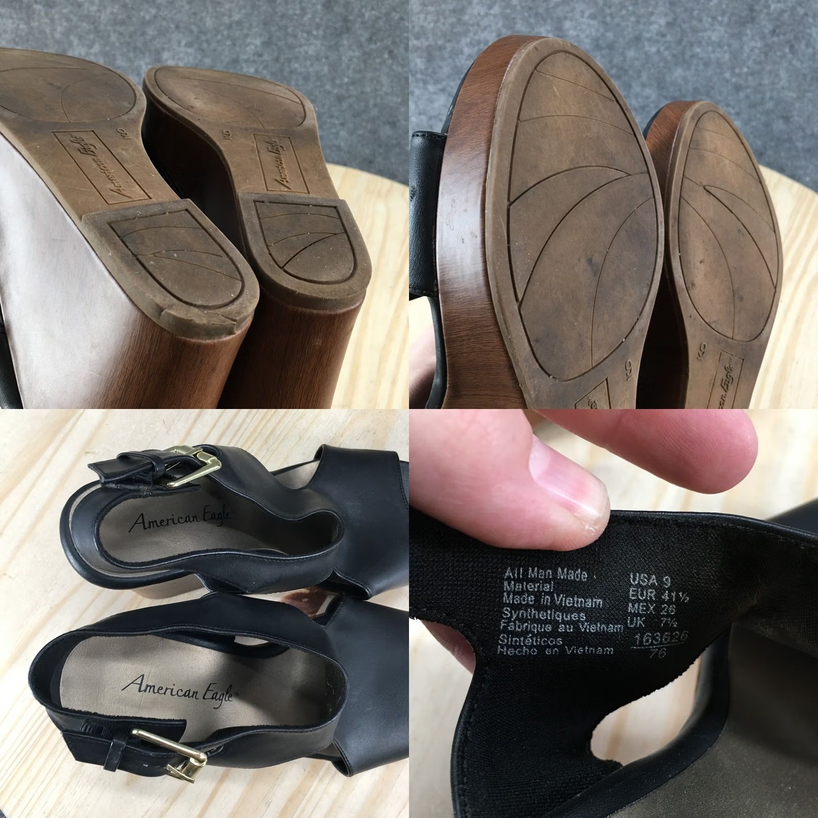 Vintage American Eagle Sandals Womens 9 Slingback Black Faux Leather Casual Wedge Heels Size US 9 / IT 39 - 10 Thumbnail
